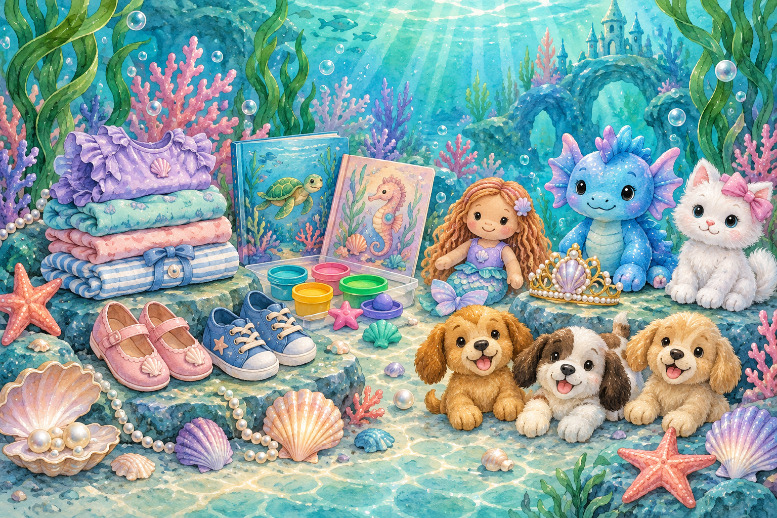 Ilustração submarina em aquarela com roupas infantis, calçados, livros e brinquedos que a Luna gosta